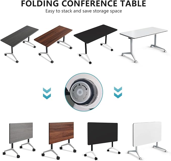 Conference Room Table, Folding Conference Tables,Thicken Grey Tabletop,Flip Top Wooden Seminar Meeting Room Table for Conference Room Offices (2, Black, 55.1”)