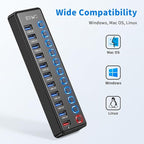 Powered USB Hub, JESWO 11 Port USB 3.0 Hub, 10 USB 3.0 Data Transfer Ports + 1 Smart Charging Port, USB Hub Powered with Individual LED On/Off Switches and 12V/3A Power Adapter
