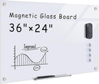 Magnetic Glass Whiteboard，36"x24" Wall Mounted Frameless Dry Erase Board for Office, Home & School Ultra White