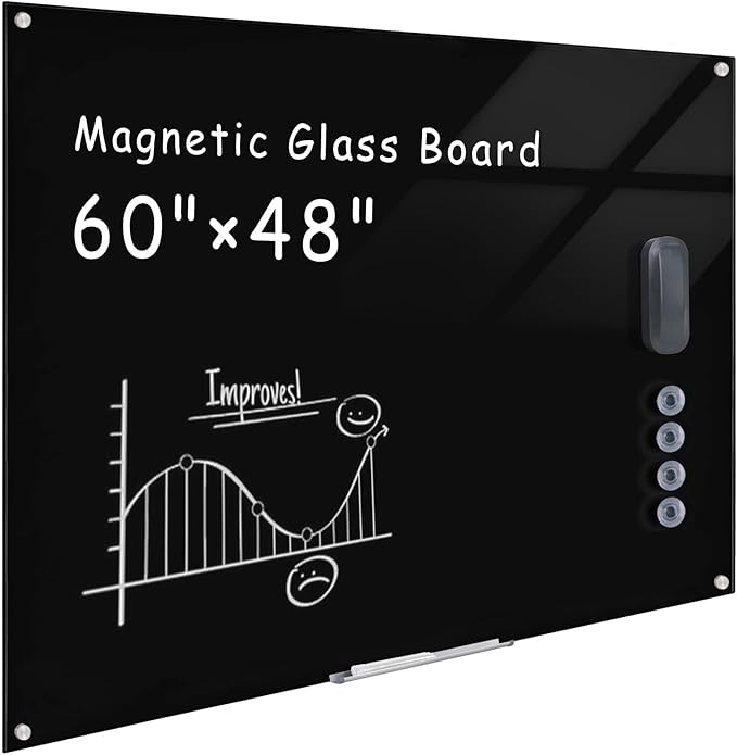 Magnetic Glass Whiteboard，60"x48" Wall Mounted Frameless Dry Erase Board for Office, Home & School Black