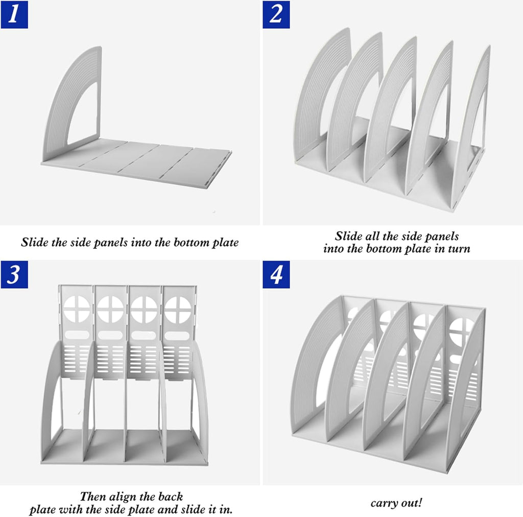 SAYEEC File Holder Storage Folder 4 Compartment Standing Desktop Hollow Organizer Files Shelf Plastic Notebook Magazine for Office School Home Supplier Students (Random Light Gray OR Blue)