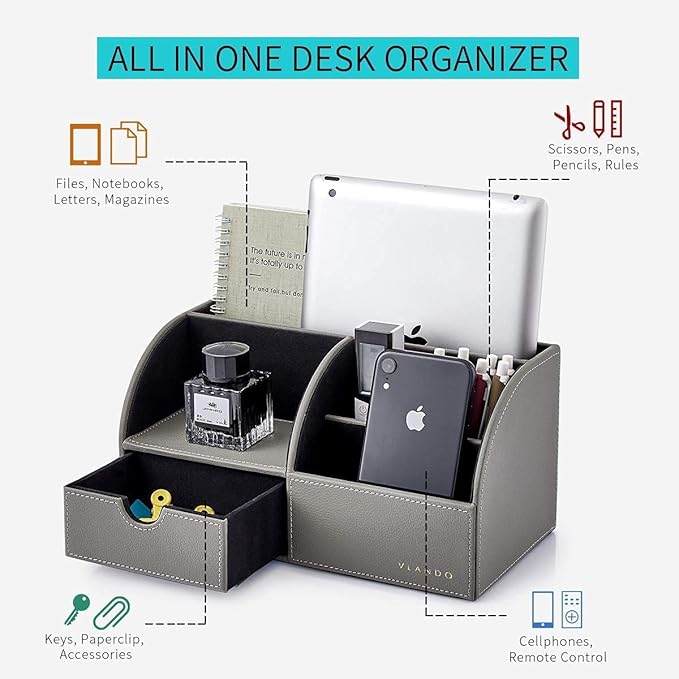 Vlando Desk Organizer with Drawer, Back to School Supplies - 5 Compartment Desktop Storage Holder with Organizer Section for Desk Accessories (Gray)