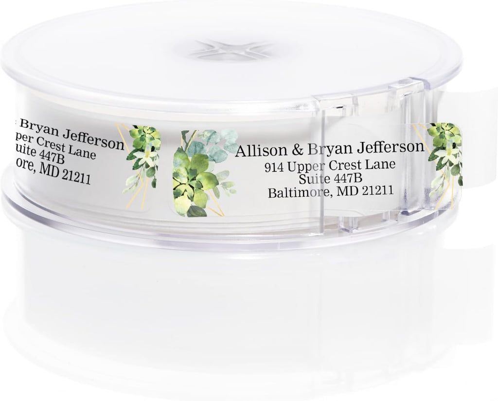 Clear Floral Greenery Rolled Address Labels / 500 Personalized Return Address Labels/Custom Address Stickers in Elegant Plastic Dispenser Greenery