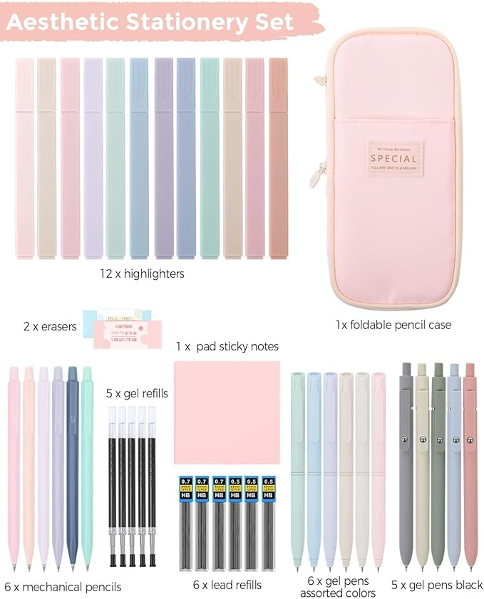 SKYDUE Cute School Supplies 44 PCS, Aesthetic Pencil Case with 12 Pastel Highlighters, 5 Black Gel Pens, 6 Color Gel Pens & Mechanical Pencils, College Essentials Students Stationary Set Pink