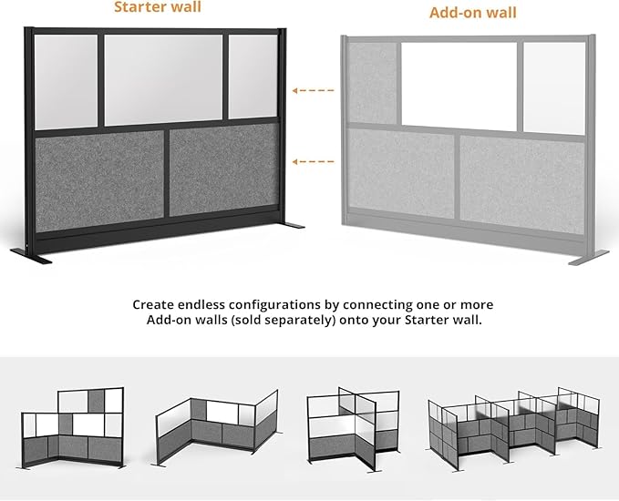 Stand Up Desk Store Expanse Modular Wall | 70'' x 48'' Wall | Expandable Partition Room Divider with Rearrangeable Frosted Acrylic & Sound Absorbent Panels (Black Frame)