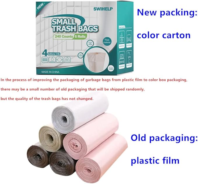 SWIHELP Trash Bags, 4 Gallon / 15 Liters Small Garbage Bags for Office, Kitchen,Bedroom Waste Bin,Colorful Portable Strong Rubbish Bags,Wastebasket Bags 240 Counts