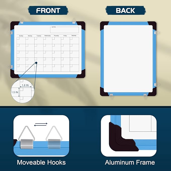 Dry Erase Calendar Whiteboard, Magnetic White Board Calendar Dry Erase Board, 16" X 12" Monthly Calendar Board Small Wall Hanging Planner Memo Whiteboard for Home, School, Office, Kitchen (Blue)