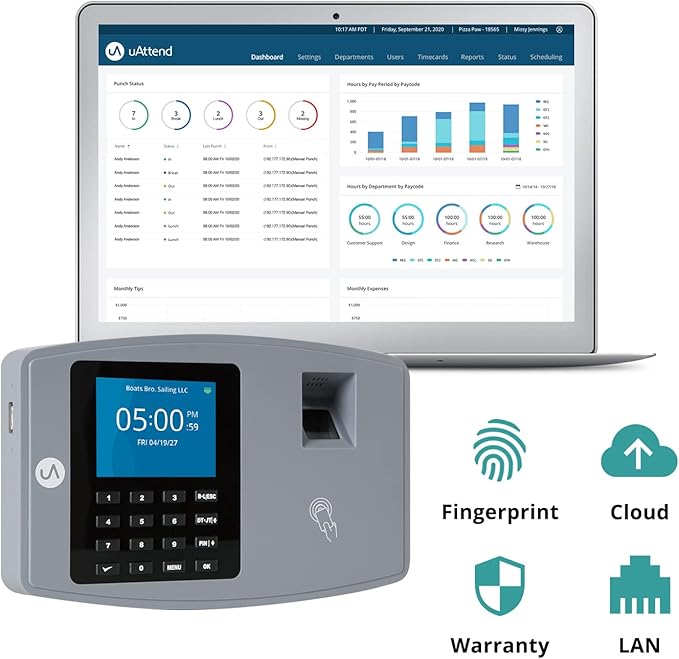 uAttend BN6000 Biometric Time Clock System for Small Business with Cloud-Based Employee Timecards