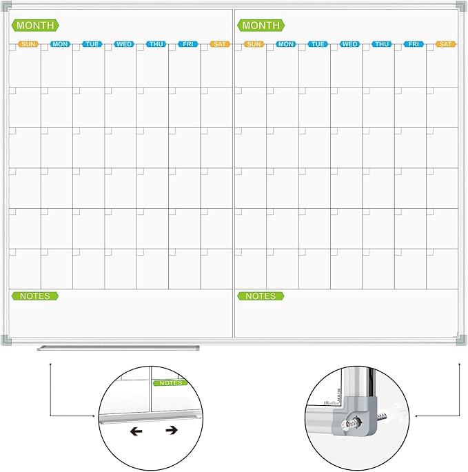 JILoffice Magnetic Dry Erase Calendar Whiteboard, 2 Month White Board Planner 48 X 36 Inch, Silver Aluminum Frame Wall Mounted Board for Office Home and School