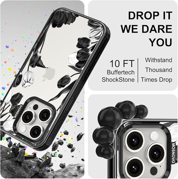MOSNOVO Case for iPhone 15 Pro, [10ft 4X Military-Grade Drop Protection] Durable & Shockproof Phone Case Cover Design for iPhone 15 Pro - Black White Tulips - Clear Black