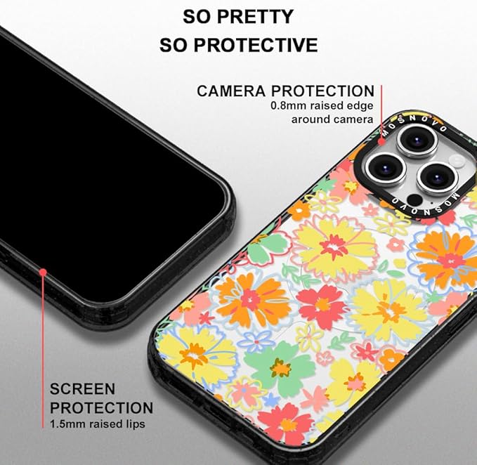 MOSNOVO Magnetic Case for iPhone 16 Pro Max, 10ft Military-Grade Protection, Compatible with Magsafe, Shockproof Phone Case for iPhone 16 Pro Max - Retro Boho Hippie Flowers - Clear Black