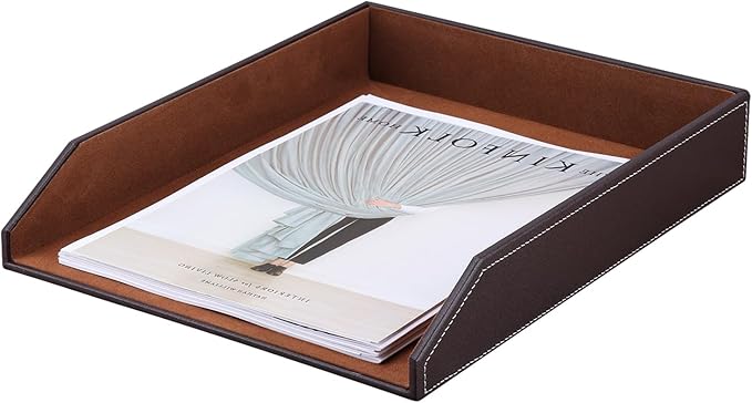 KINGFOM Letter Tray, PU Leather Paper Organizer Tray for Desk, Paper Organizer Storage Holder for Office Home or School A4 Size Brown
