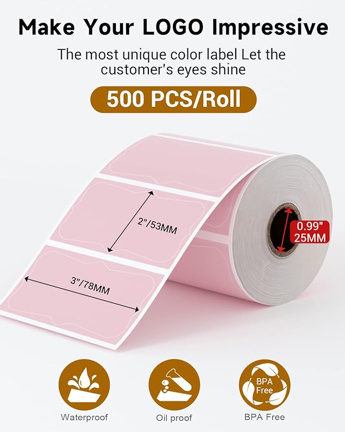 Phomemo Pink Thermal Labels for Shipping Label Printer for Small Business Supplies - 3" x 2" / 500 Pink Labels/Roll, Commercial Grade Round Stickers Roll for Custom Stickers Personalized & Business