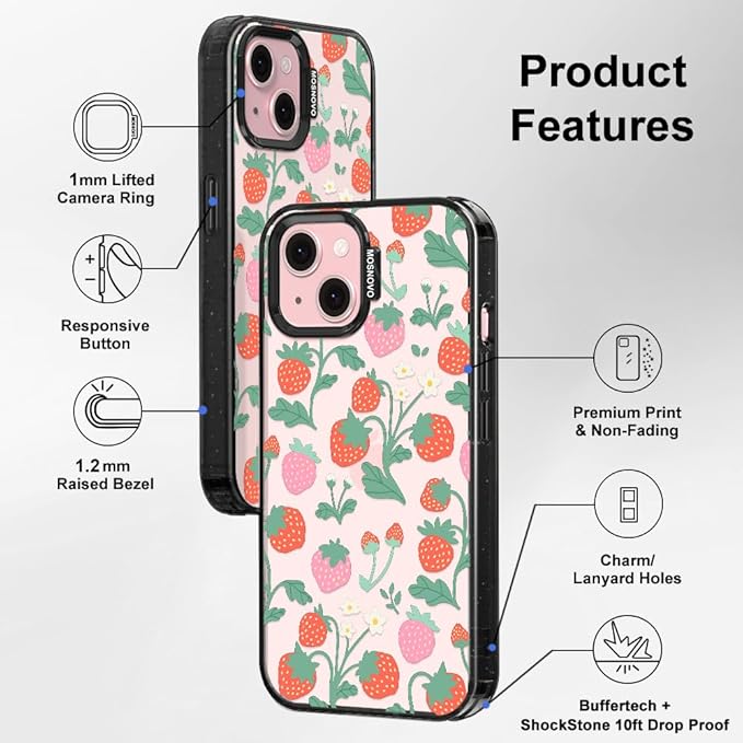 MOSNOVO Case for iPhone 15 Plus, [10ft 4X Military-Grade Drop Protection] Durable & Shockproof Phone Case Cover Design for iPhone 15 Plus / 14 Plus - Strawberry Garden - Clear Black