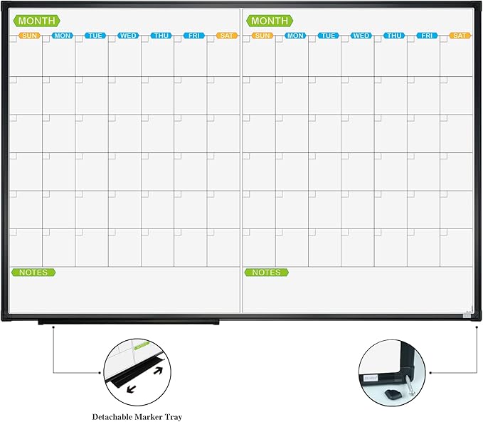 JILoffice Magnetic Dry Erase Calendar Whiteboard, 2 Month White Board Planner 36 X 24 Inch, Black Aluminum Frame Wall Mounted Board for Office Home and School