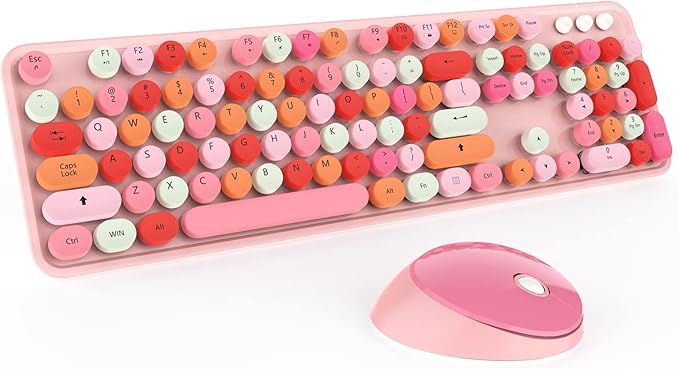 Cute Pink Wireless Keyboard and Mouse, 2.4G Retro Round Keycap for PC, Mac, Laptop, Tablet, Computer Windows