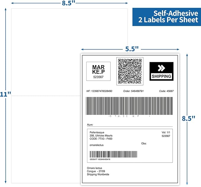Half Sheet Shipping Labels - 1000 Counts, 8.5” x 5.5” Self Adhesive Shipping Label White Internet Mailing Labels 2 Per Page, Laser & Inkjet Printer Compatible [500 Sheets 8.5” x 11”]