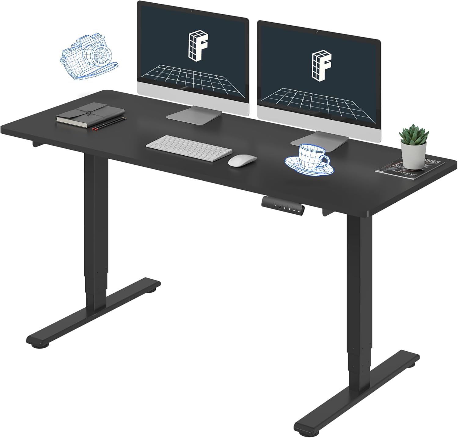 FLEXISPOT E6 Essential Standing Desk 3 Stages Dual Motor Electric 60x24 Inch Whole-Piece Board Height Adjustable Electric Sit Stand Desk(Black Frame + Black Desktop, 2 Packages)