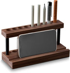 Pencil & Pen Holder for Desk, Solid Walnut Pen Display Stand with 9 Slots and Cell Phone Holder, Aesthetic Pen Organizer for Minimalist Office Desk Decor