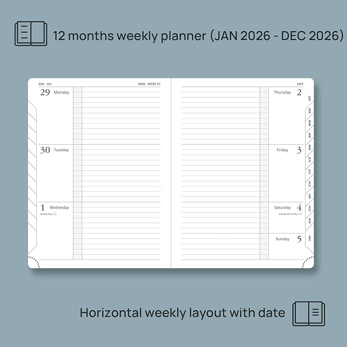 POPRUN Weekly Planner 2026 Calendar (Medium 6.75" x 8.75") 12 Months Notebook with Horizontal Layout, Leather Hardcover, Inner Pocket, 100GSM Thick Paper, Pen Holder - Aquamarine
