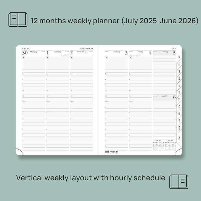POPRUN Planner 2025-2026 (Medium - 6.5'' x 8.5'') Academic Weekly Calendar (July 2025 - June 2026) with Hourly Time Slots, Monthly Tabs, 100GSM Thick Papers, Leather Soft Cover - Black
