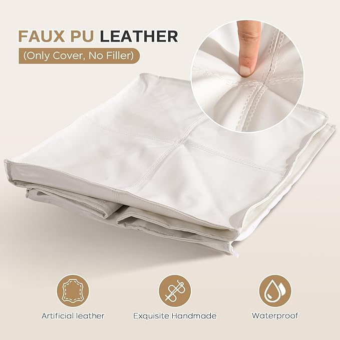 Unstuffed Pouf Ottoman Cover, 17.7x17.7 inch Faux Leather Moroccan Poofy Ottomans Cover, footrest Square White Footstool with Storage Waterproof Easy Cleaning for Living Room (Only Cover No Filler)