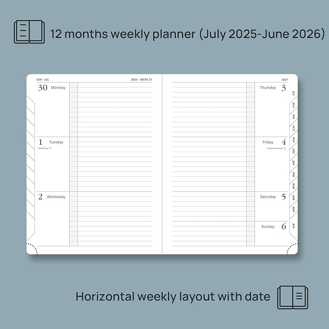POPRUN Planner 2025-2026 (Medium 6.75''x 8.75''), Horizontal Weekly Notebook Jul.2025 - Jun.2026, Academic Appointment Book with Monthly Tabs, Leather Hardcover, Inner Pocket, 100 GSM - Midnight Green
