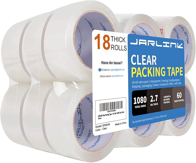 JARLINK Clear Packing Tape (18 Rolls), Heavy Duty Packaging Tape for Shipping Packaging Moving Sealing, 2.7mil Thick, 1.88 inches Wide, 60 Yards Per Roll, 1080 Total Yards