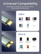 AINOPE External Hard Drive Cord 10Gbps Micro B to USB C External Hard Drive USB C to Micro B Cable Nylon Braided for MacBook Air/Pro, Seagate, WD Toshiba, SSD, iPhone, iPad, Camera, 1.6FT, Grey