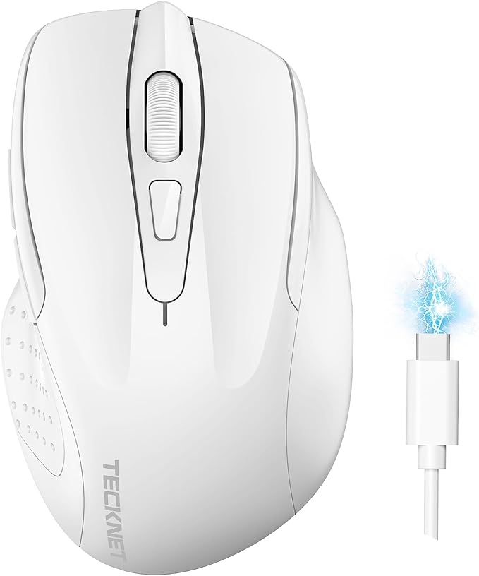 TECKNET Wireless Mouse (BT5.0/3.0 & 2.4G) Rechargeable 4800 DPI Silent USB A & Bluetooth Mouse 6 Buttons, Wide Compatibility - White
