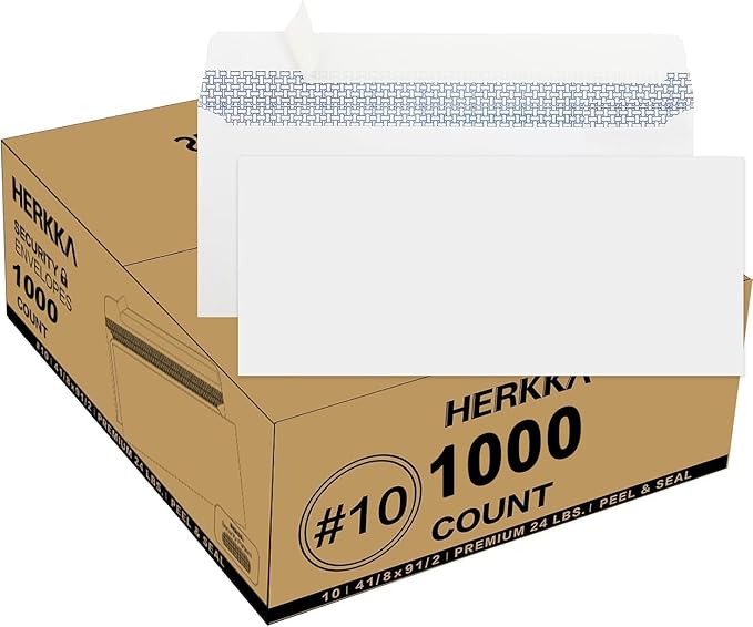 HERKKA #10 Security Self-Seal Envelopes, No.10 Windowless Bussiness Envelopes, Security Tinted with Printer Friendly Design - Size 4-1/8 x 9-1/2 Inch - White - 24 LB - 1000 Pack