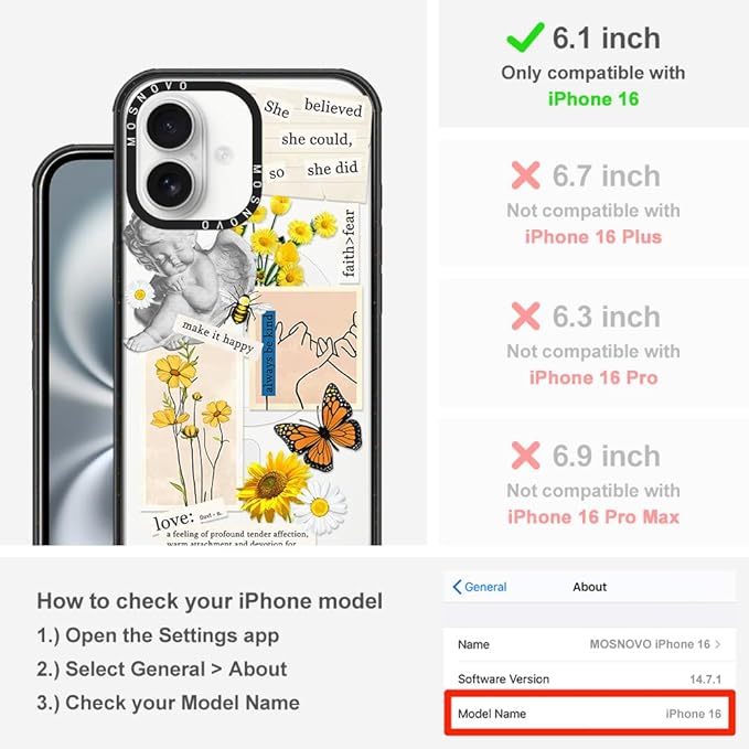 MOSNOVO Magnetic Case for iPhone 16, 10ft Military-Grade Protection, Compatible with Magsafe, Shockproof Phone Case for iPhone 16 - Vintage Collage Art - Clear Black