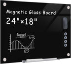 Magnetic Glass Whiteboard，24"x18" Wall Mounted Frameless Dry Erase Board for Office, Home & School Black