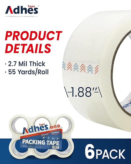 ADHES Premium Packing Tape – 6 Rolls, 1.88" x 165 ft (55 Yards), 2.7 mil Thick Clear Shipping Tape – Ultra-Strong & Durable for Packaging, Moving, Mailing, and Sealing