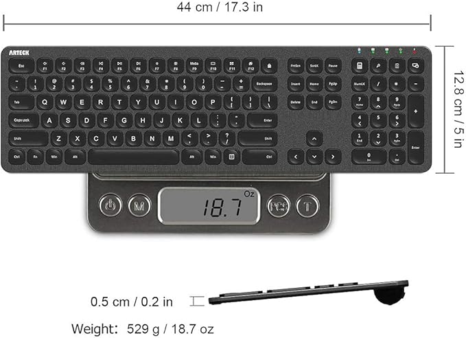 Arteck 2.4G Wireless Keyboard Stainless Steel Ultra Slim Full Size Keyboard with Numeric Keypad for Computer/Desktop/PC/Laptop/Surface/Smart TV and Windows 10/8/ 7 Built in Rechargeable Battery