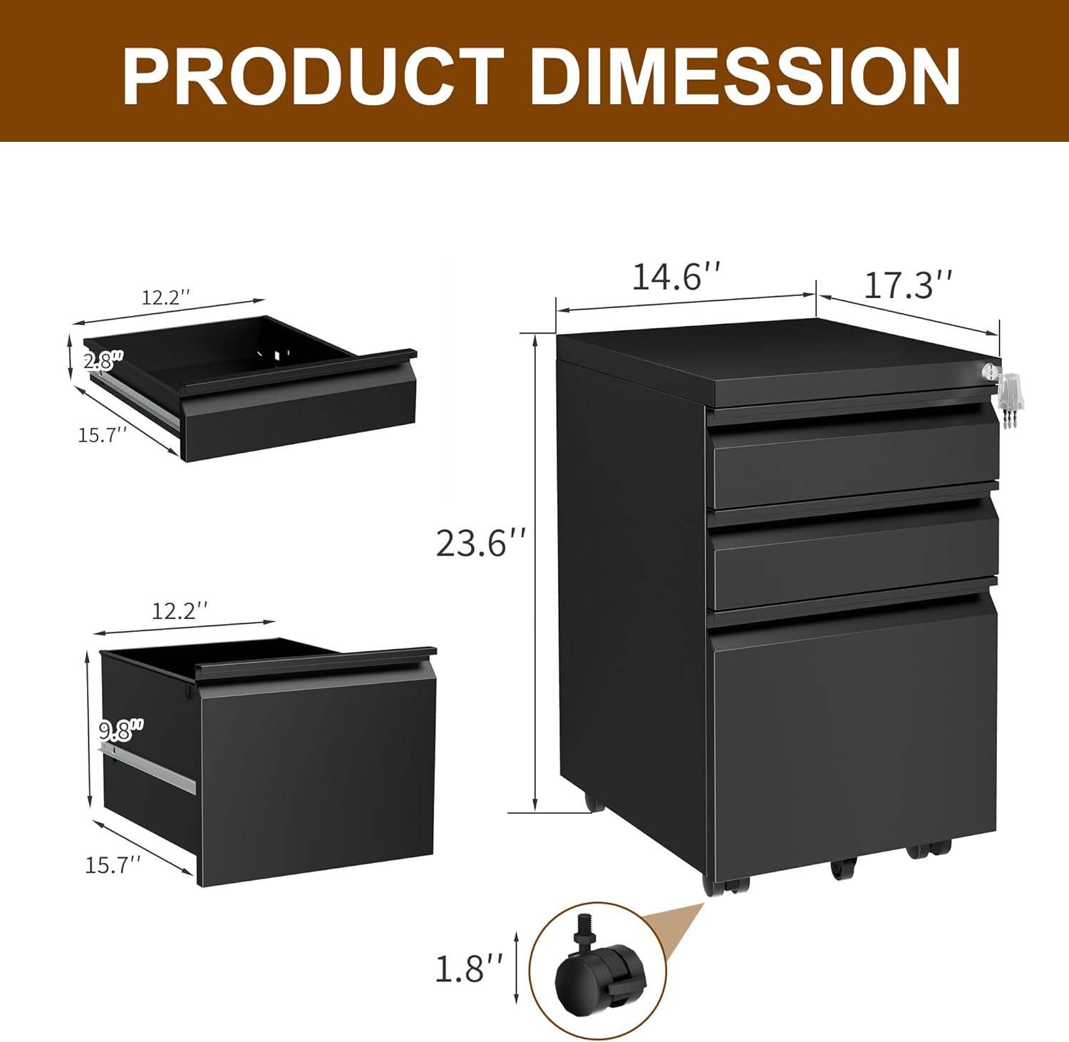 Metal Mobile File Cabinet with Lock and 4 Keys - Fully Assembled, Under Office Desk 3 Drawers Filing Cabinet for Home Office with Anti-tilt Wheels, A4/Legal/Letter Hanging File Drawers