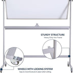 72" x 40" Height-Adjustable Mobile Whiteboard | Double-Sided Magnetic Dry Erase Board on 360° Rolling Stand | Large Reversible Whiteboard for Office, Classroom & Home, Silver