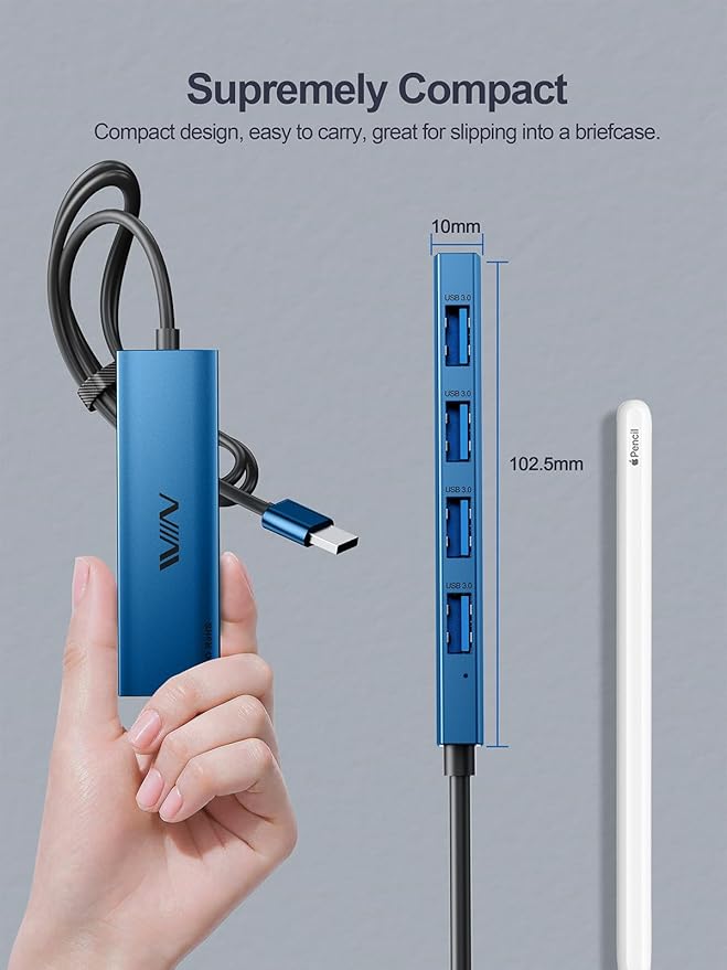 USB 3.0 Hub,4 Port USB Splitter Extender Portable Adapter Multiport Data Hub for Laptop,Xbox, Flash Drive,HDD,Console,Camera,Keyborad,Mouse Windows,Mac OS PC,Not Designed to Charge Devices-Blue