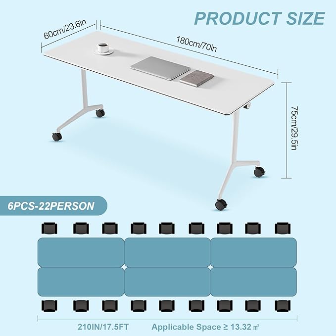 Conference Table, Folding Conference Desk Modern White, Seminar Table with Wheels, 2-10 People for Office, Meeting Break Room (4, 1915, 71IN)