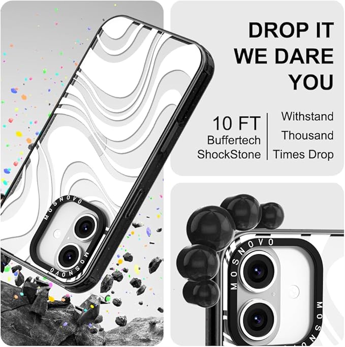 MOSNOVO Case for iPhone 16 Plus, [10ft 4X Military-Grade Drop Protection] Durable & Shockproof Phone Case Cover Design for iPhone 16 Plus - White Swirl - Clear Black