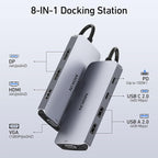 USB C Docking Station Dual DisplayPort, 8 in 1 USB Hub with 2 DP, HDMI, VGA, USB C 2.0, A 2.0, PD Charging Port, Multi Monitor Adapter for Dell/HP/Lenovo Laptops