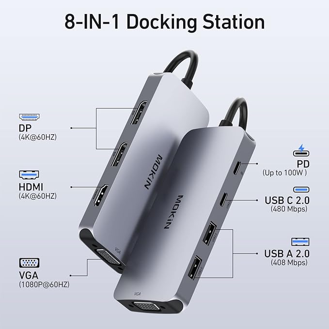 USB C Docking Station Dual DisplayPort, 8 in 1 USB Hub with 2 DP, HDMI, VGA, USB C 2.0, A 2.0, PD Charging Port, Multi Monitor Adapter for Dell/HP/Lenovo Laptops