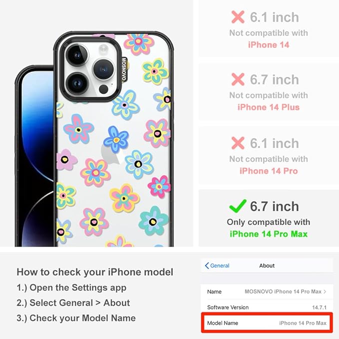 MOSNOVO Case for iPhone 14 Pro Max, [10ft 4X Military-Grade Drop Protection] Durable & Shockproof Phone Case Cover Design for iPhone 14 Pro Max - Groovy Flower - Clear Black