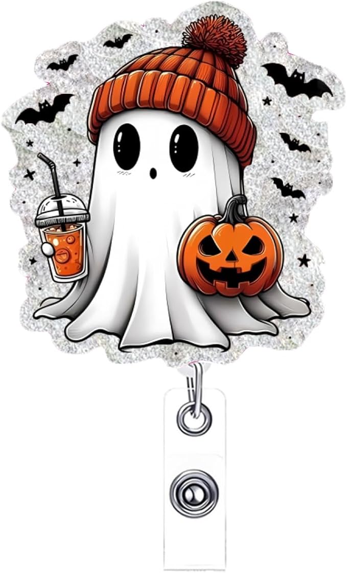 Cute Little Ghost Halloween Badge Reel Pumpkin Badge Reel Retractable with Clip Gifts for Nurse Doctor Teacher Colleague Acrylic Badge Holder with Metal Alligator Clip Design Cute Spooky Badges Holder