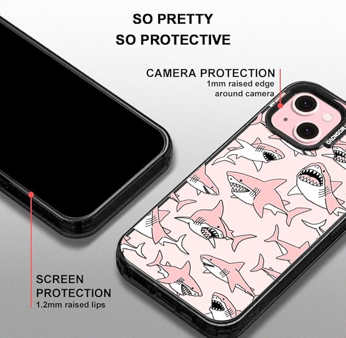 MOSNOVO Case for iPhone 15 Plus, [10ft 4X Military-Grade Drop Protection] Durable & Shockproof Phone Case Cover Design for iPhone 15 Plus / 14 Plus - Pink Sharks - Clear Black