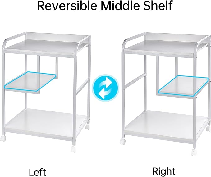 Large Printer Stand Table with Storage Shelf for Host Computer, PC Tower, CPU and Shredder, 3 Tier Rolling Printer Cart with Wheels for Home Office Storage and Organization - White