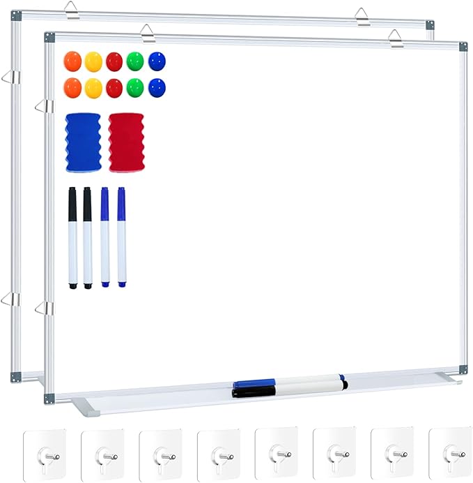 H-Qprobd White Board Dry Erase Whiteboard for Wall 24x18 (2pcs) Magnetic Boards for Office Classroom & Home, Small Wall Whiteboard Including 6 Markers, 10 Magnets, 2 Erasers & 10 Adhesive Hooks
