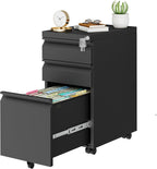 Metal Mobile File Cabinet with Lock and 4 Keys - Fully Assembled, Under Office Desk 3 Drawers Filing Cabinet for Home Office with Anti-tilt Wheels, A4/Legal/Letter Hanging File Drawers