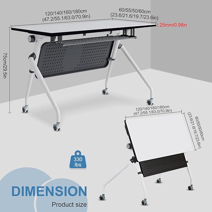 Conference Table, Folding Conference Room Tables, Mobile Training Tables with Silent Wheels, Large Rectangular Modular Seminar Table Office Computer Desks for Classroom White (6Pack L55.1in)