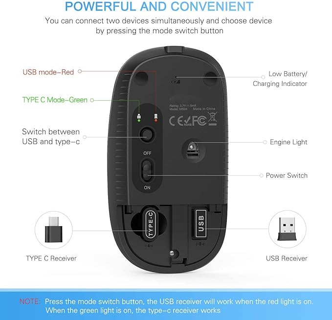 VssoPlor Type C Wireless Mouse USB C Rechargeable Portable Quiet Mouse USB and Type C Receiver Dual Mode Laptop Mouse for PC, Laptop, MacBook, Tablet-Black Gold